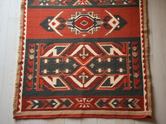 Tradisjonelt vevd teppe med fargesterke mønster av norsk ull