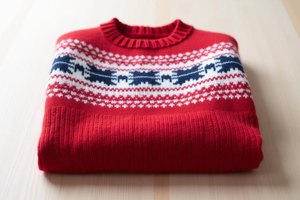 En klassisk Mariusgenser brettet pent, med fokus på det ikoniske røde, hvite og blå mønsteret.