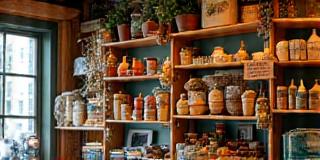 Interiør fra en lokal håndverksbutikk, med varer utstilt